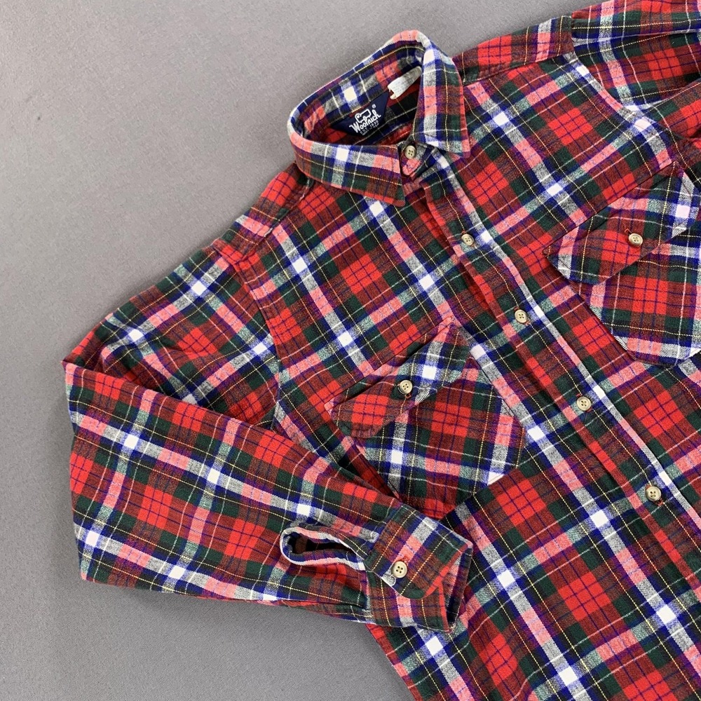 VTG Woolrich Shirt Mens LG Red Royal Stewart Plaid Flannel Button Front USA 80s